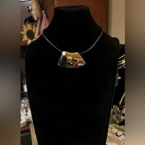 Vintage Signed CHICO'S Goldtone Polished Pendant on 16" Leather Rope Necklace